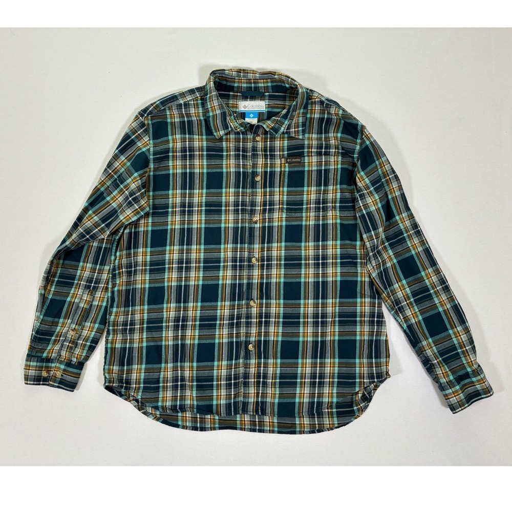 Columbia Mens XL Long Sleeve Plaid Button Down Shirt Teal Navy Orange Outdoor